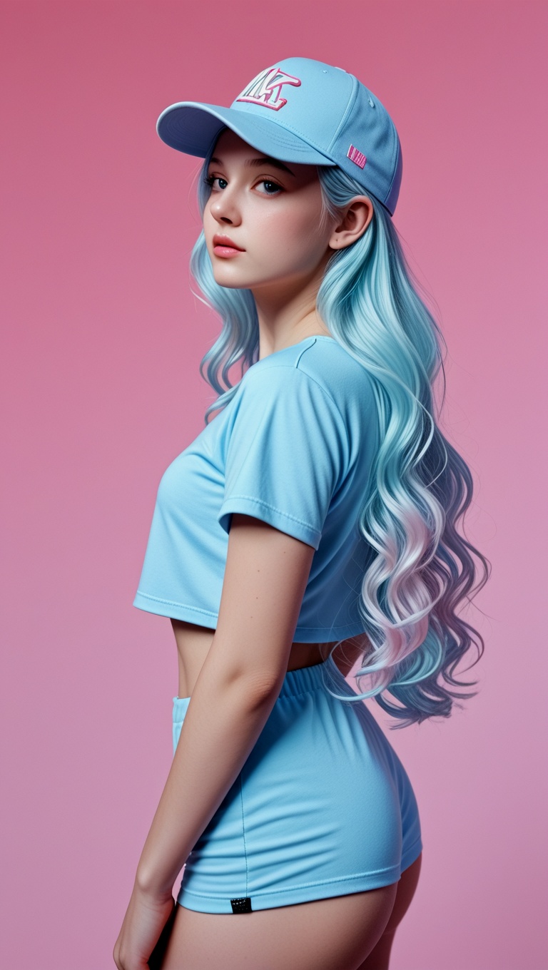 a beautiful girl wearing white and blue fashionable clothes. She has long white curly hair and a strand of pink hair. She...