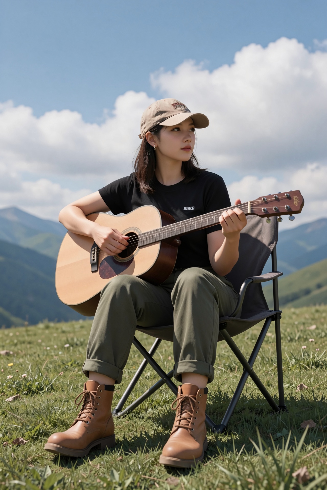 一位年轻女性坐在折叠露营椅上弹奏原声吉他,  身处开阔高山草甸。她身着黑色短袖T恤（左胸有简约白色字母标识）、军绿色工装长裤（裤脚卷起至脚踝）、棕色系带高帮工装靴,  头戴卡其色迷彩棒球帽 on Tensor.Art