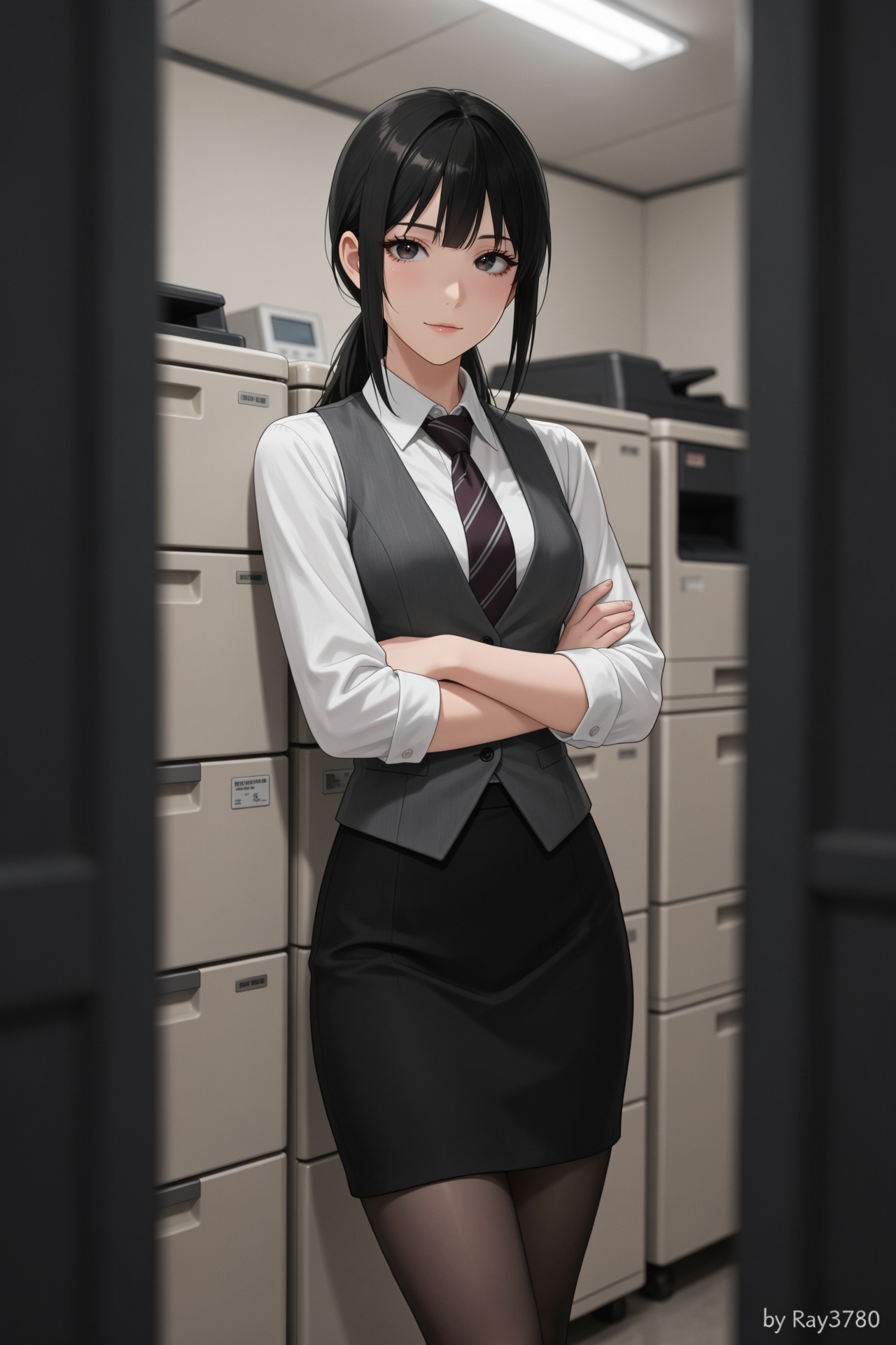 An anime illustration of a young Asian office lady leaning against a stack of beige photocopiers in a cramped office utili...
