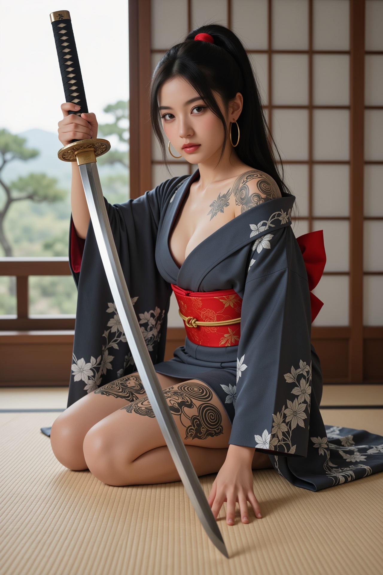 一位年轻女性跪坐于榻榻米上,  身着深灰蓝底白花刺绣和服,  衣襟半敞露出锁骨与肩部 on Tensor.Art