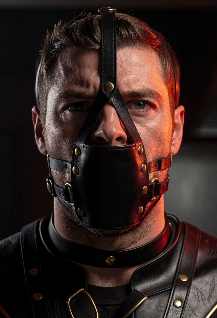 Create a scene where a man is wearing a black leather gag harness,  featuring a panel gag that completely covers his mouth...