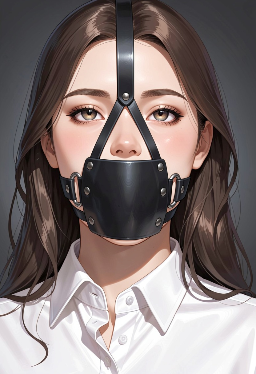 Create a high quality digital illustration face close-up of a young woman standing elegantly,  adorned in a black leather...