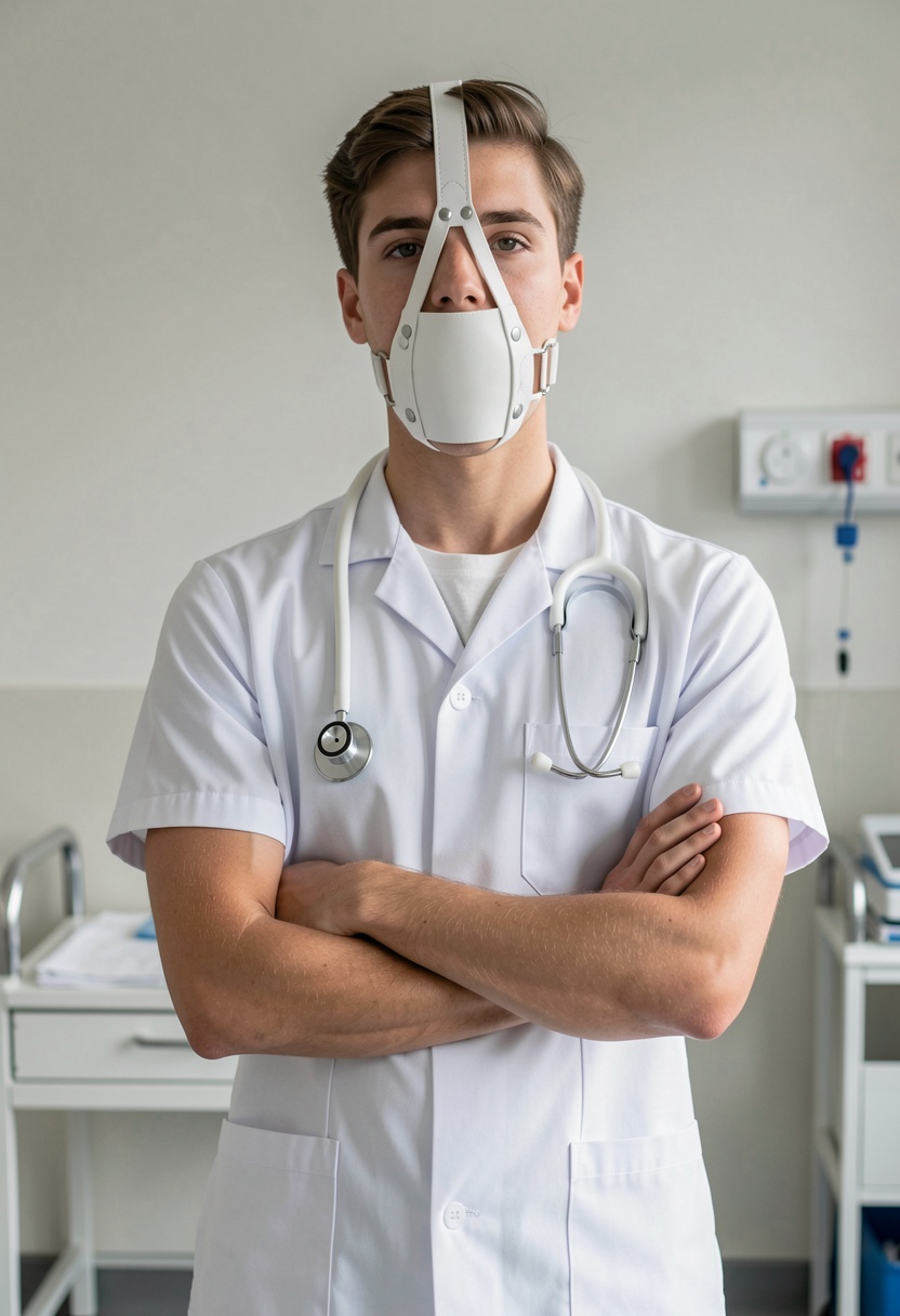 Create a high-quality photograph where a young man stands elegantly with crossed arms,  wearing a harness panel gag made o...