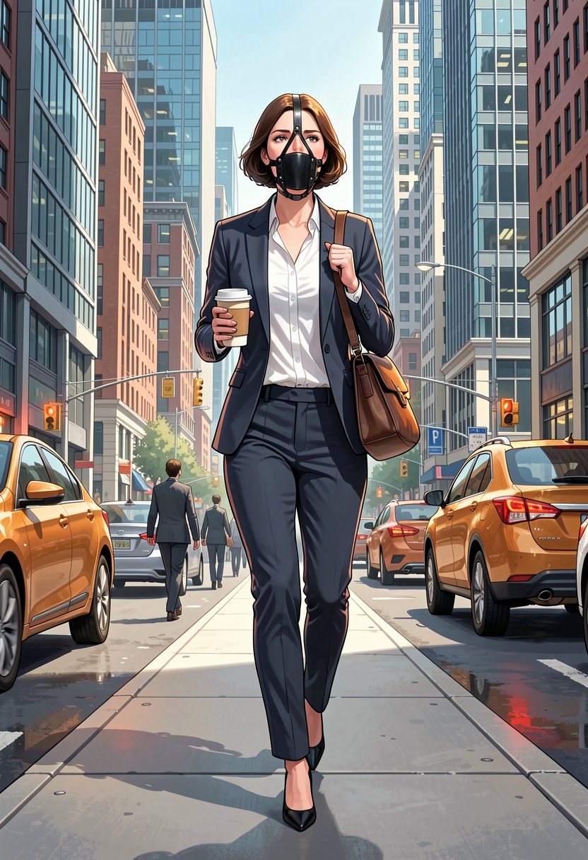 A high-quality digital illustration of an office lady is hurrying down the street. She is wearing a black leather gag harn...