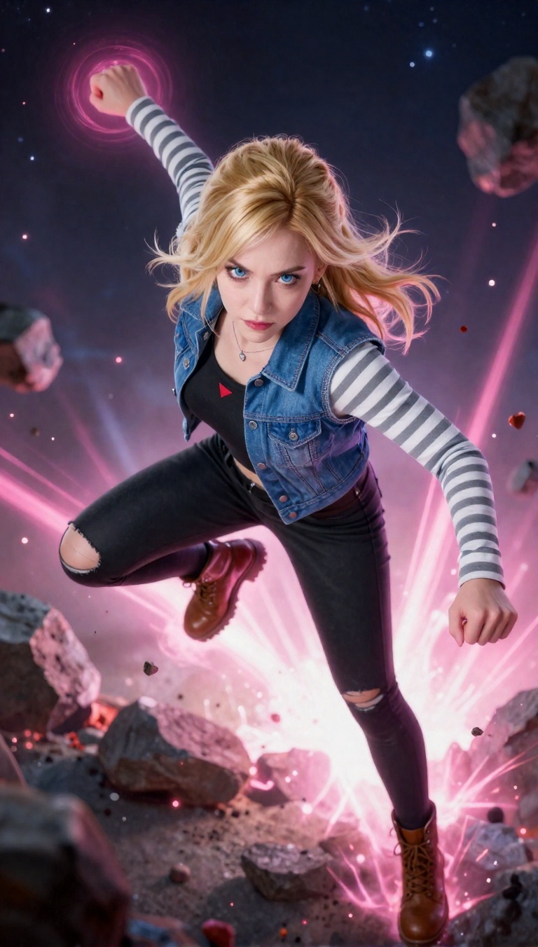 A high-angle,  top-down perspective captures a blonde female character in a dynamic three-point landing pose,  her intense...