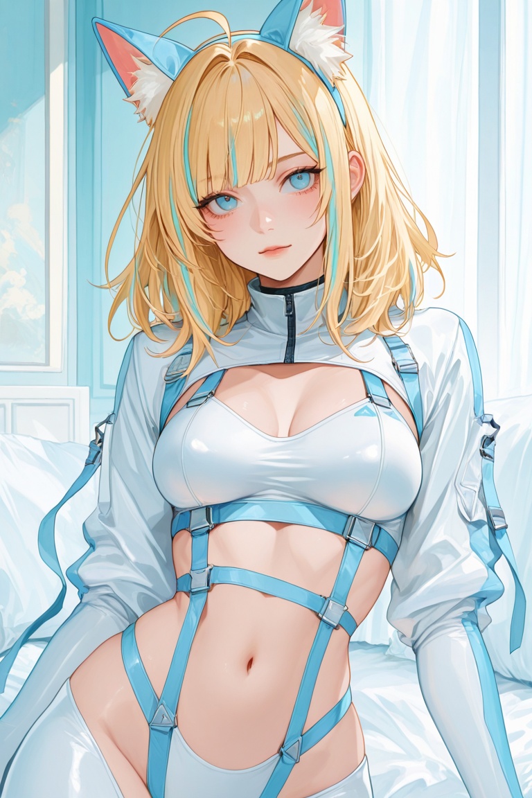 a beautiful woman,  blonde hair with bangs,  wearing a tight shirt with thin straps on Tensor.Art