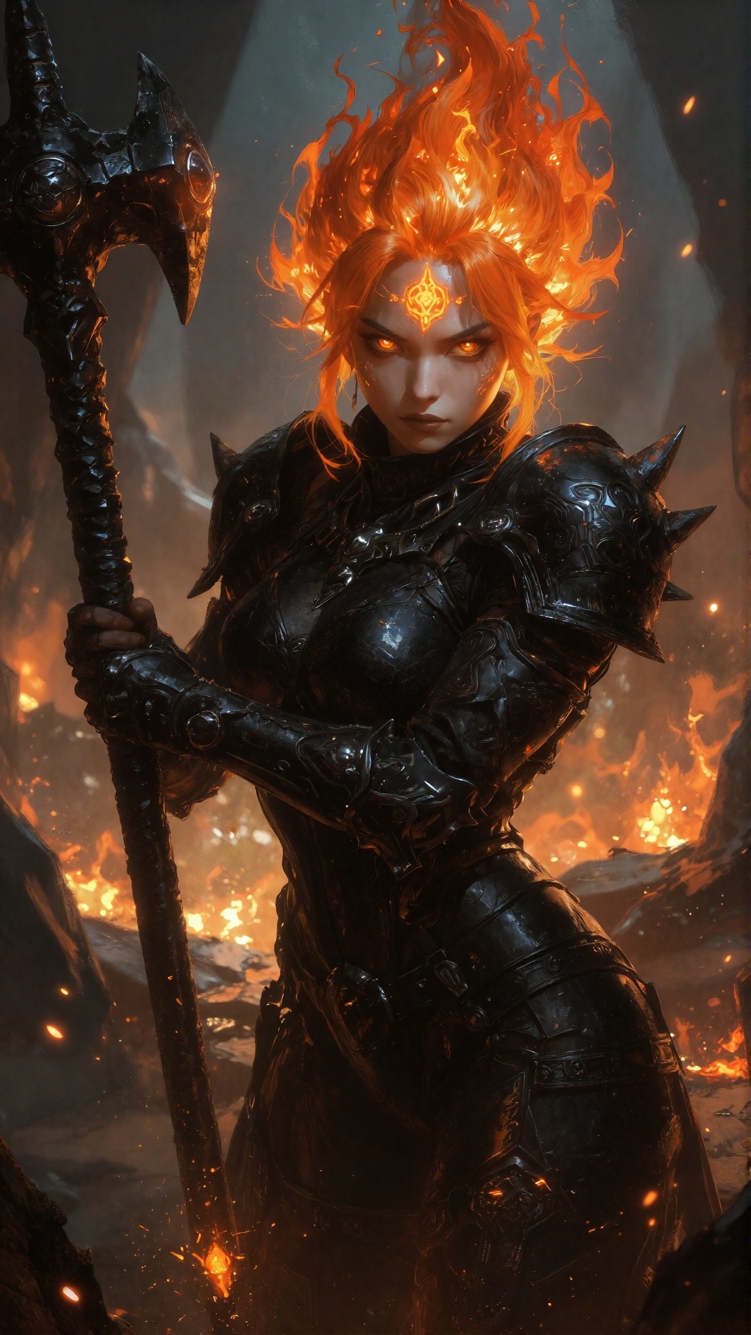 Digital artwork depicting a fierce female warrior with fiery orange hair that flames upwards. She has pale skin,  intense...