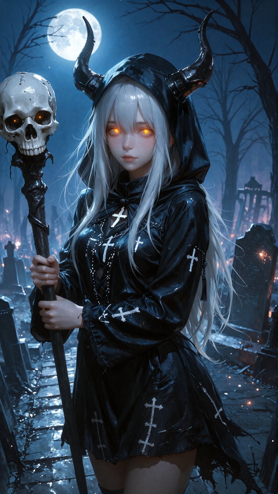 This is a digital artwork in a fantasy style depicting a young woman with pale skin,  long white hair,  and glowing orange...