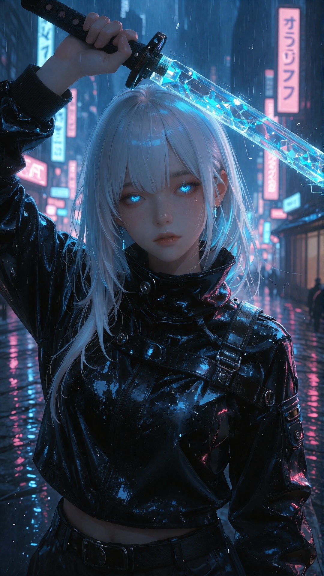 This digital artwork depicts a cyberpunk-style female character standing in a rain-soaked,  neon-lit city street. She has...