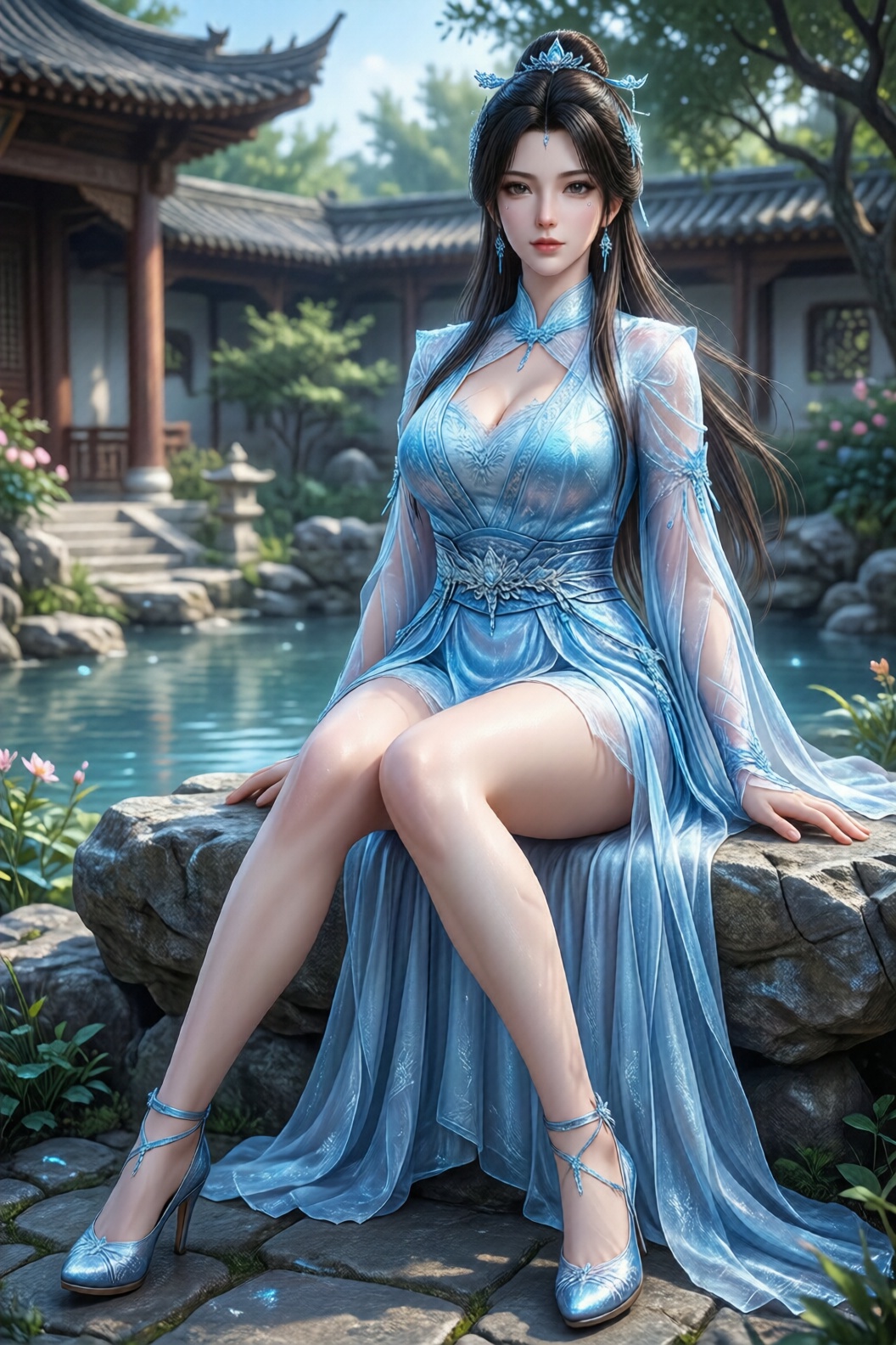 国漫女神,  冰蓝色古风短裙,  坐姿双腿自然分开 by bkz不可知 on Tensor.Art
