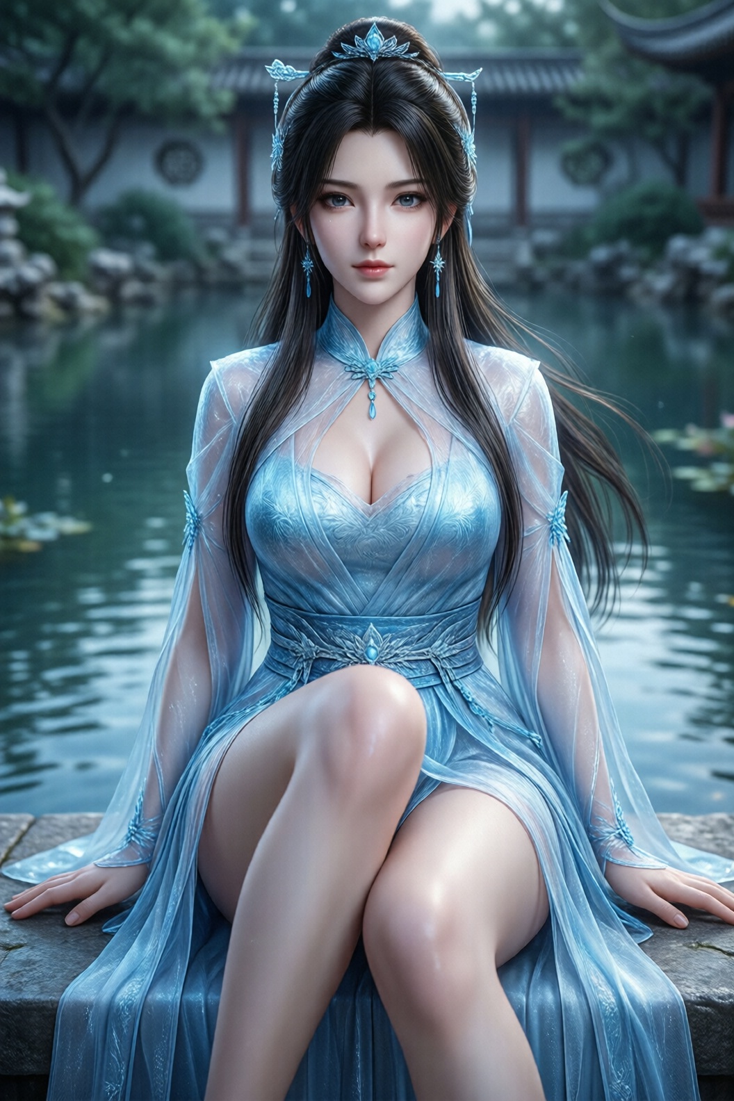 国漫女神,  冰蓝色古风薄纱裙,  正面坐姿 by bkz不可知 on Tensor.Art