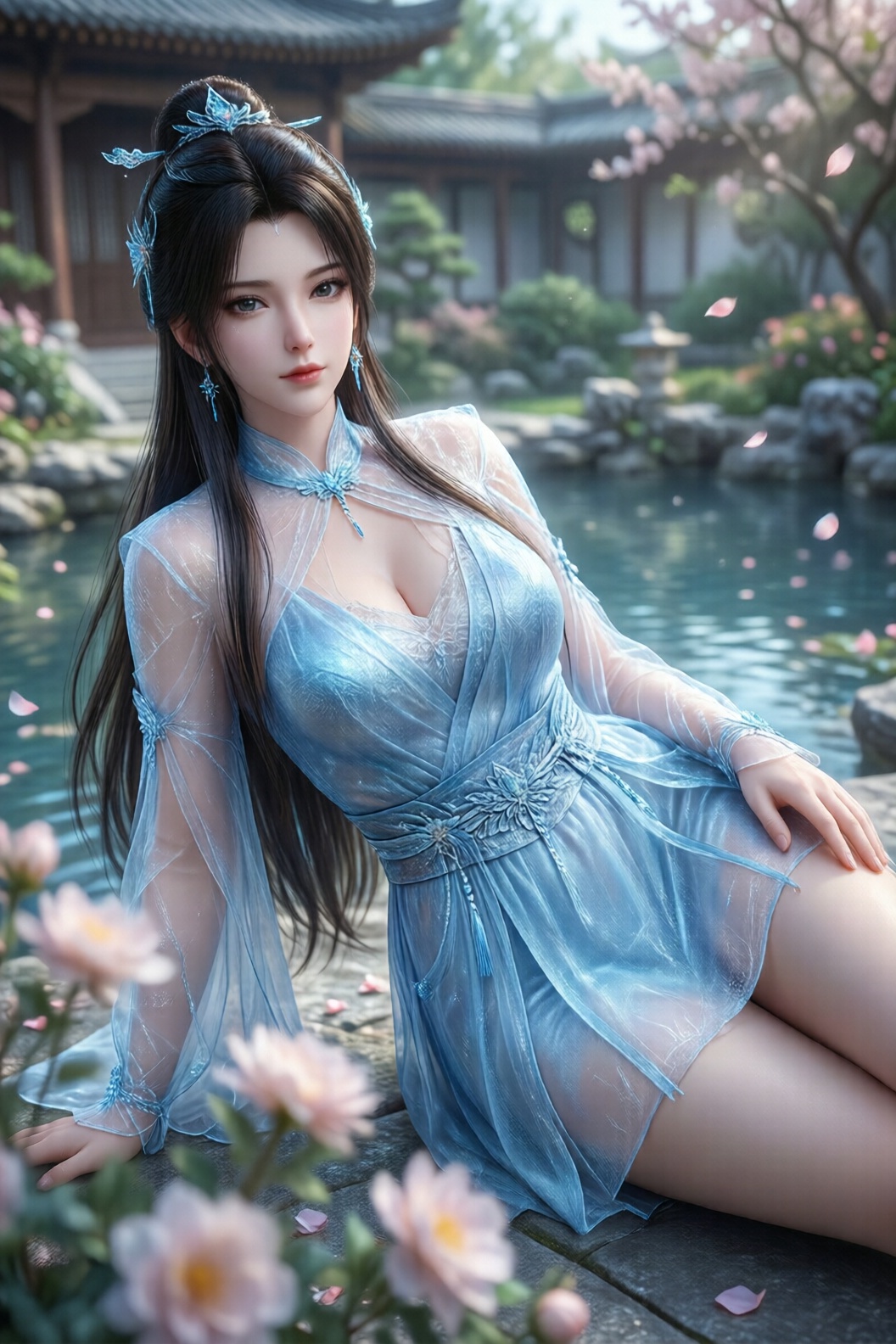 国漫女神,  冰蓝色薄纱短裙,  半透纱袖 by bkz不可知 on Tensor.Art