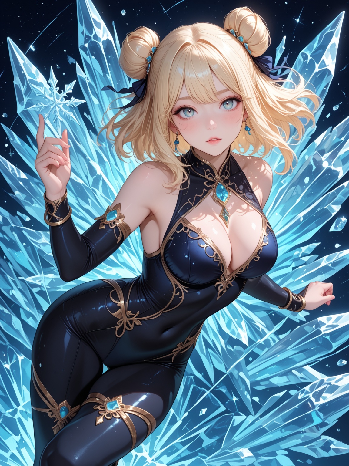 NijiGlaze,  Niji style,  A blonde young woman with her hair tied in double buns floats amidst sharp on Tensor.Art