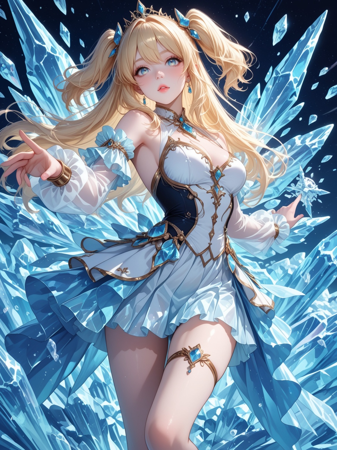 NijiGlaze,  Niji style,  A young girl with golden blonde pigtails and luminous blue eyes reaches out toward the viewer wit...