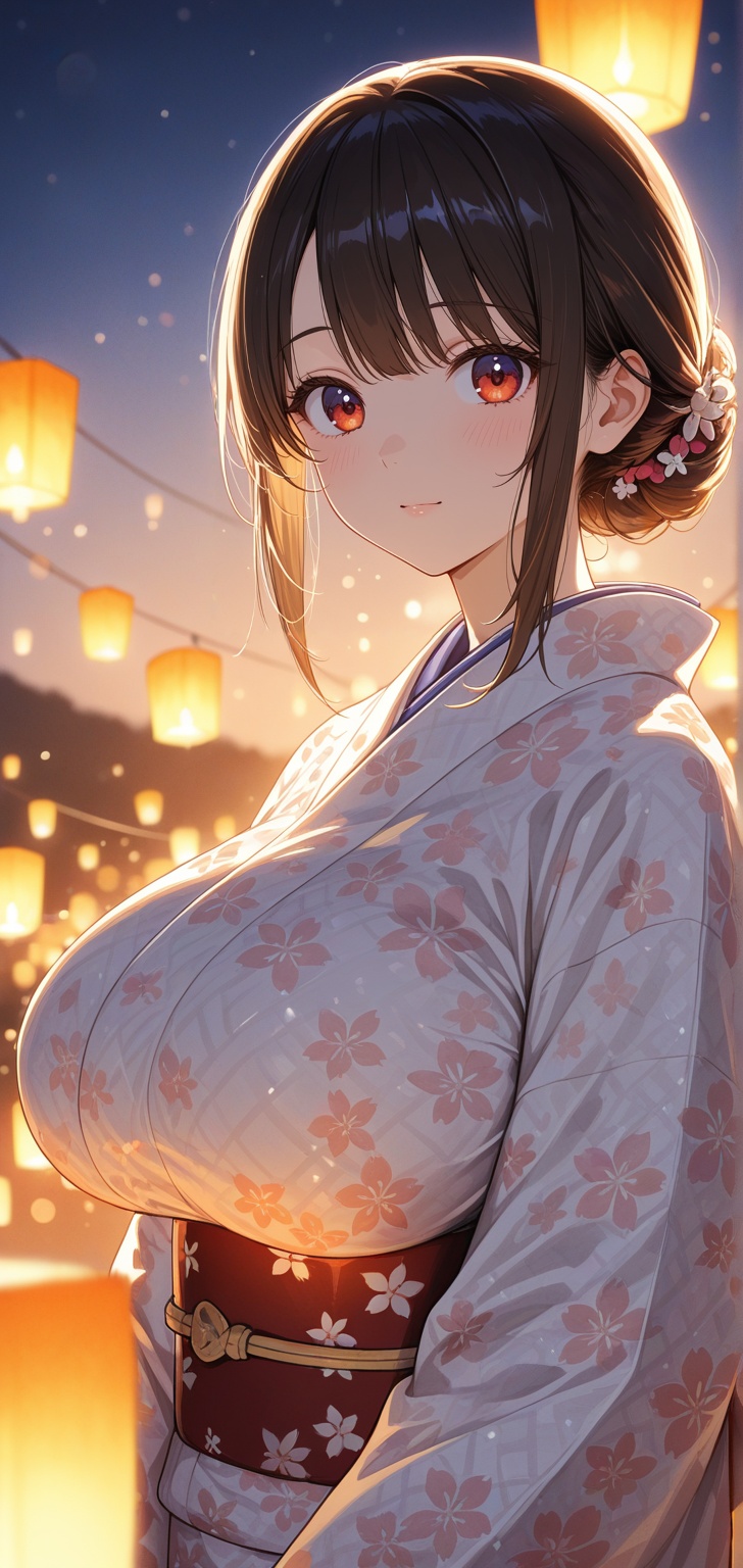 Close-up image of a girl wearing a beautiful kimono,  huge boobs,  her face illuminated by the warm light of a sky lantern...