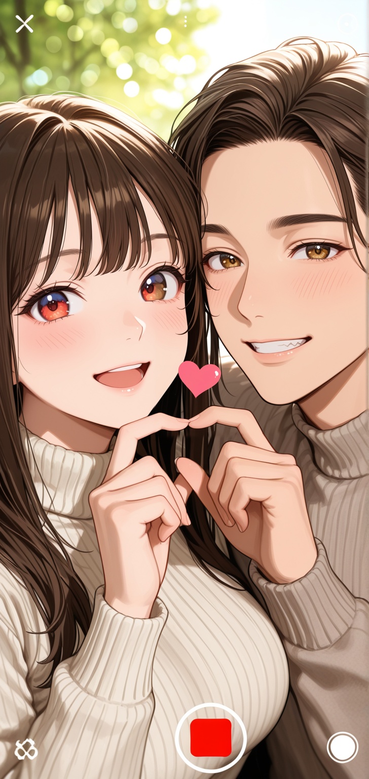 A warm and joyful close-up portrait,  capturing a couple in a moment of affection and connection,  seen through a heart sh...