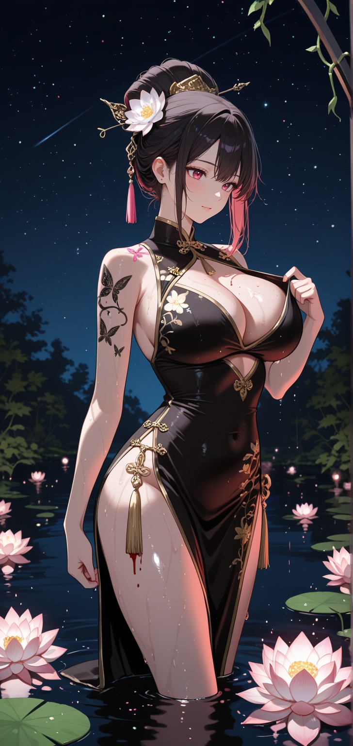 A full-body,  illustration of an elegant woman with long,  dark hair styled in an elaborate updo with white flowers and ta...