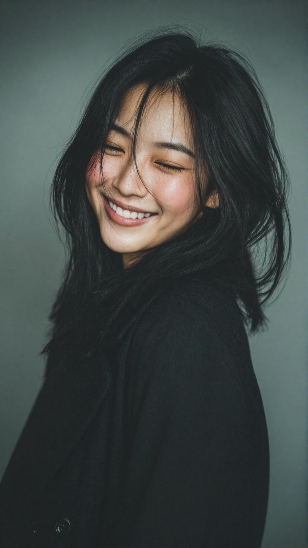 Example： photograph of an asian woman with long,  straight black hair,  smiling with her eyes closed on Tensor.Art