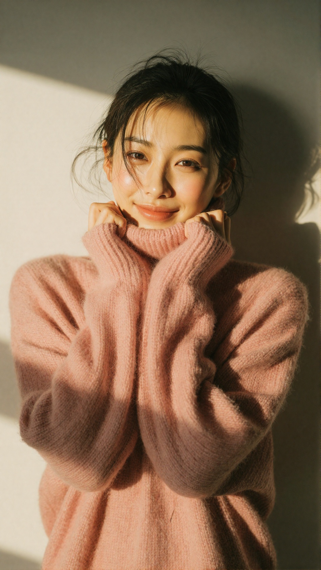 Example： photograph of an asian woman with long,  slightly messy black hair,  smiling warmly at the camera on Tensor.Art
