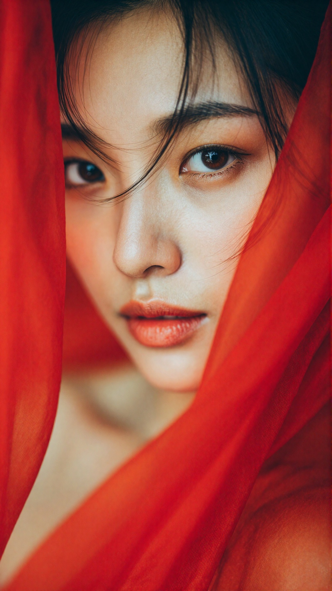 Example： this photograph features a close-up of an asian woman with fair skin and straight black hair partially covering h...