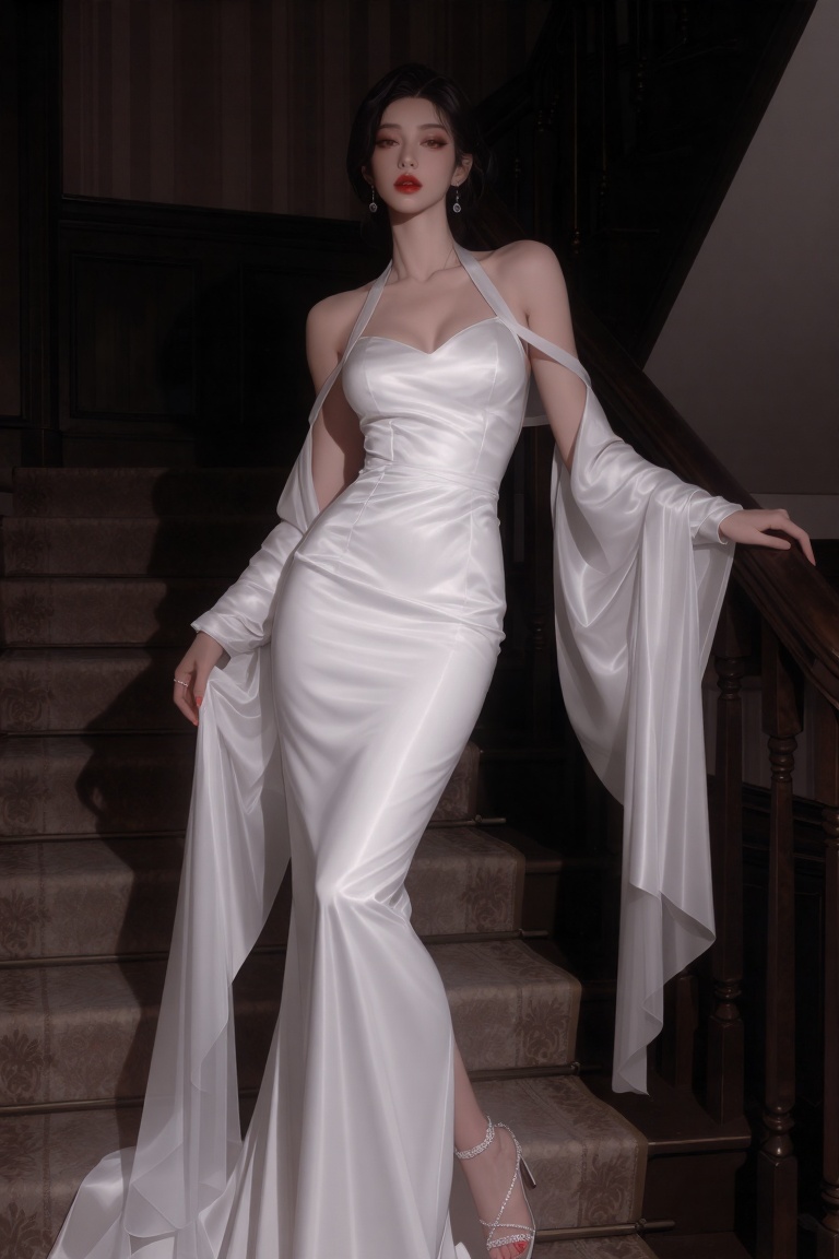 An elegant young woman standing on a grand indoor staircase,  looking directly at the viewer with a composed expression. S...