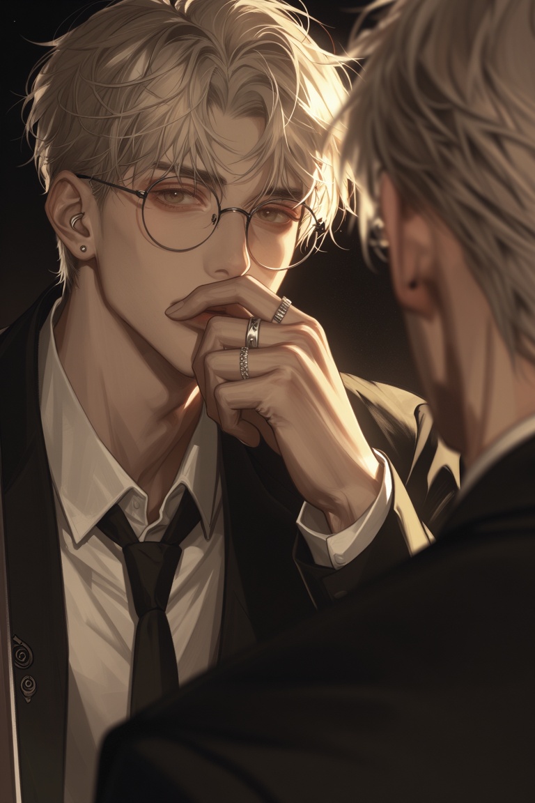 A close-up portrait of a young man with messy platinum blonde hair looking intensely at his own reflection in a mirror. Th...