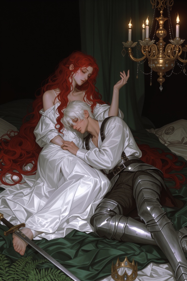 A romantic scene of a young woman with incredibly long,  wavy red hair sitting on a bed of draped,  silky dark green fabri...