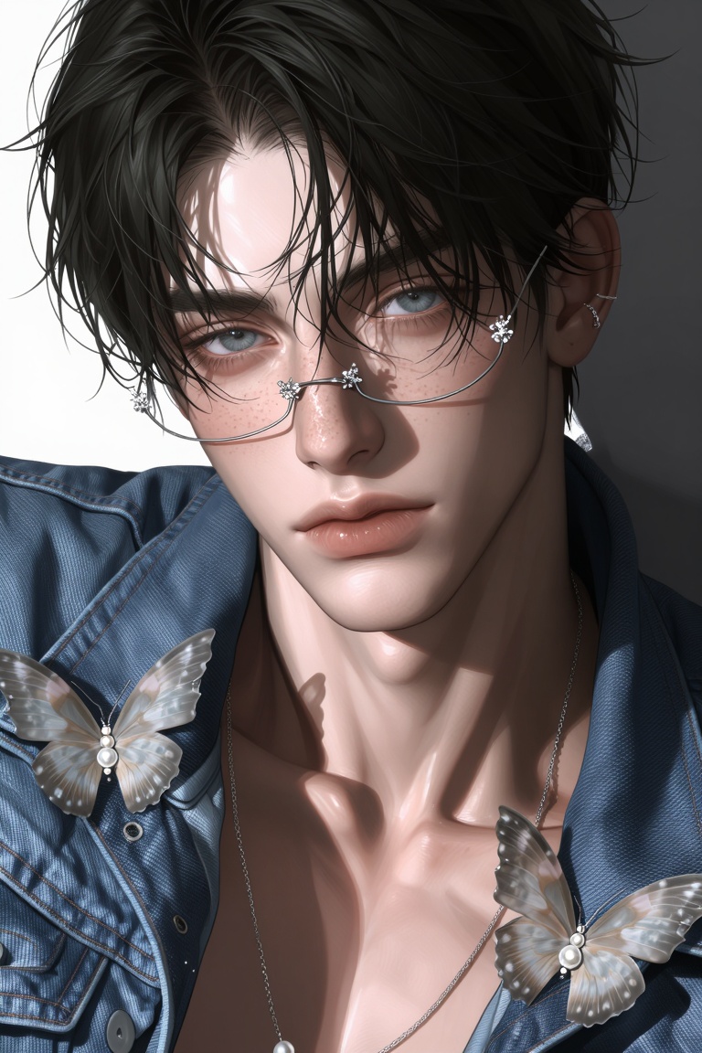 A close-up,  sunlit portrait of a young man looking directly at the viewer. He has dark,  messy on Tensor.Art