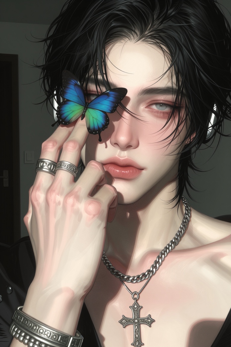 A close-up,  sunlit portrait of a young man looking directly at the viewer. He has pale skin and messy,  wet-looking black...