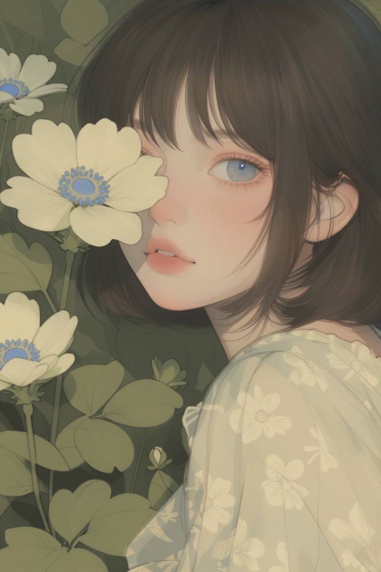 a gentle girl with short dark bob hair and soft bangs,  big bright blue eyes and light freckles across her nose,  partiall...