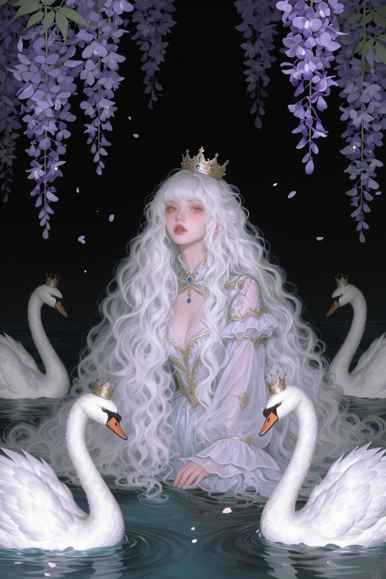A girl with voluminous,  incredibly long,  wavy white hair and bangs on Tensor.Art