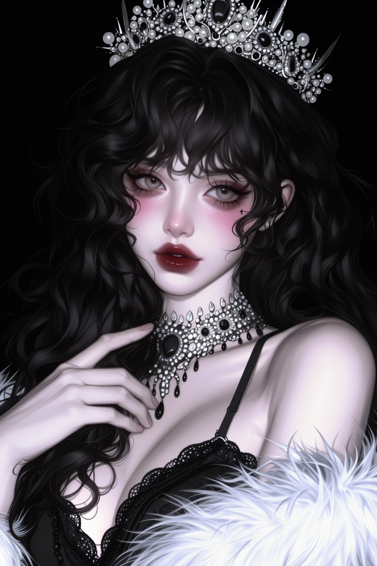 A striking close-up portrait of a young woman with a glamorous,  slightly gothic aesthetic set against a pitch-black backg...