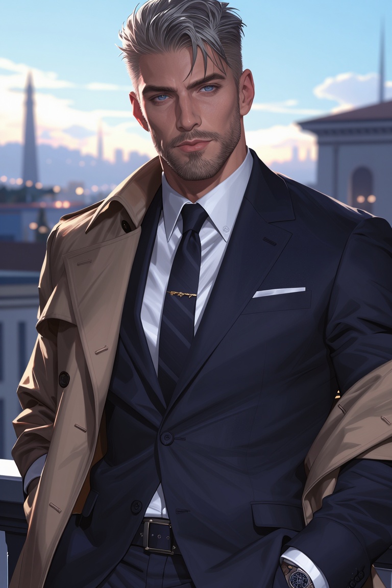 One mature man with blue eyes and silver hair and facial hair dressed in a sharp navy suit with a white button up and a ne...