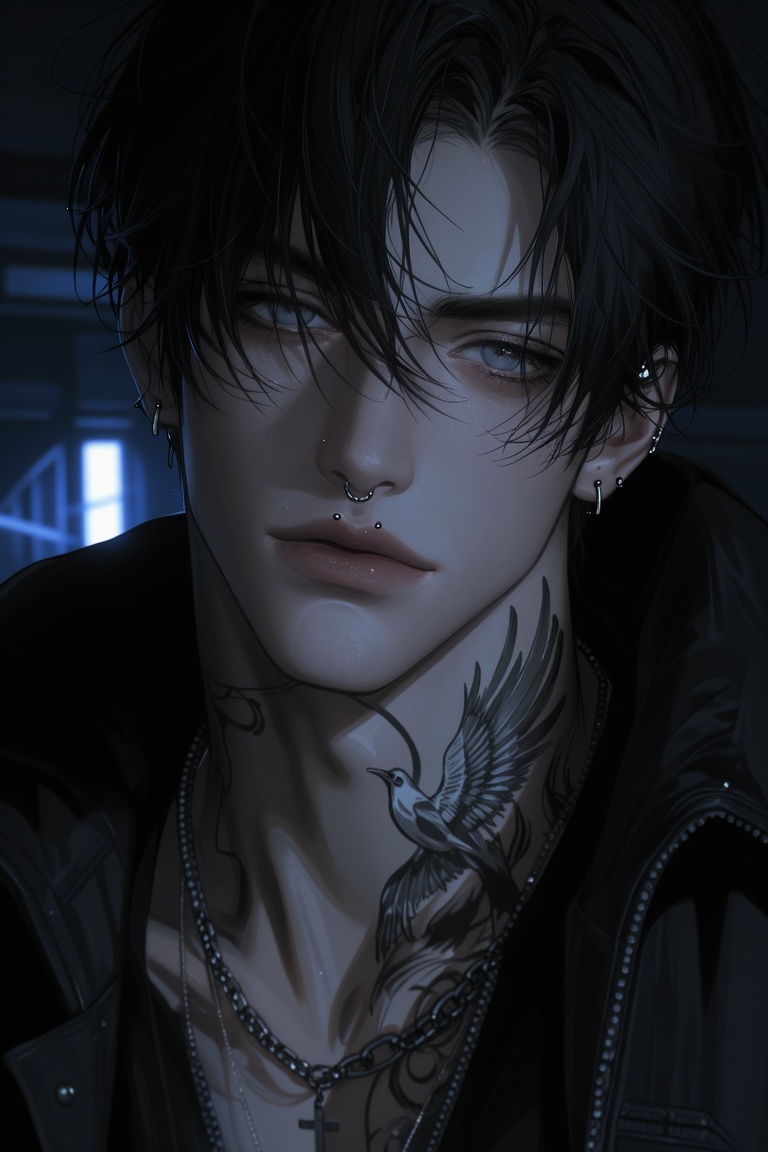 This digital illustration features a close-up portrait of a young man with messy,  dark hair and pale blue eyes gazing for...