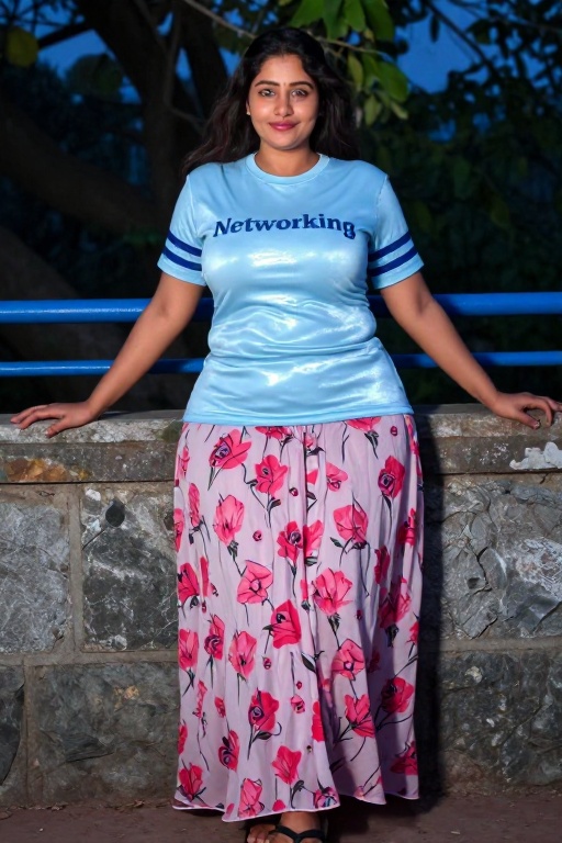 A plus-size Desi Indian woman with fair,  glowing skin and no tattoos stands leaning against a low stone wall,  her hefty...