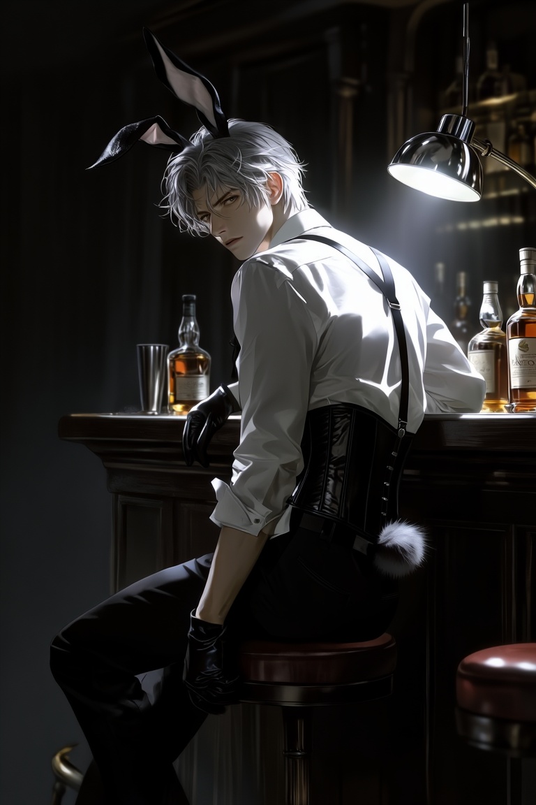 A young Russian man with short messy silver-white hair wearing black rabbit ears and a small black fluffy bunny tail. He i...