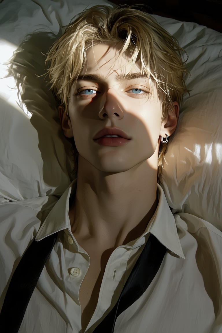 A close-up shot of a young man with blonde hair and blue eyes lying on a bed,  captured from a direct overhead camera angl...