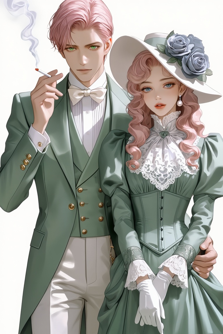 A man and a woman standing side by side in coordinated sage green Victorian-era outfits. The man has short pink hair and g...