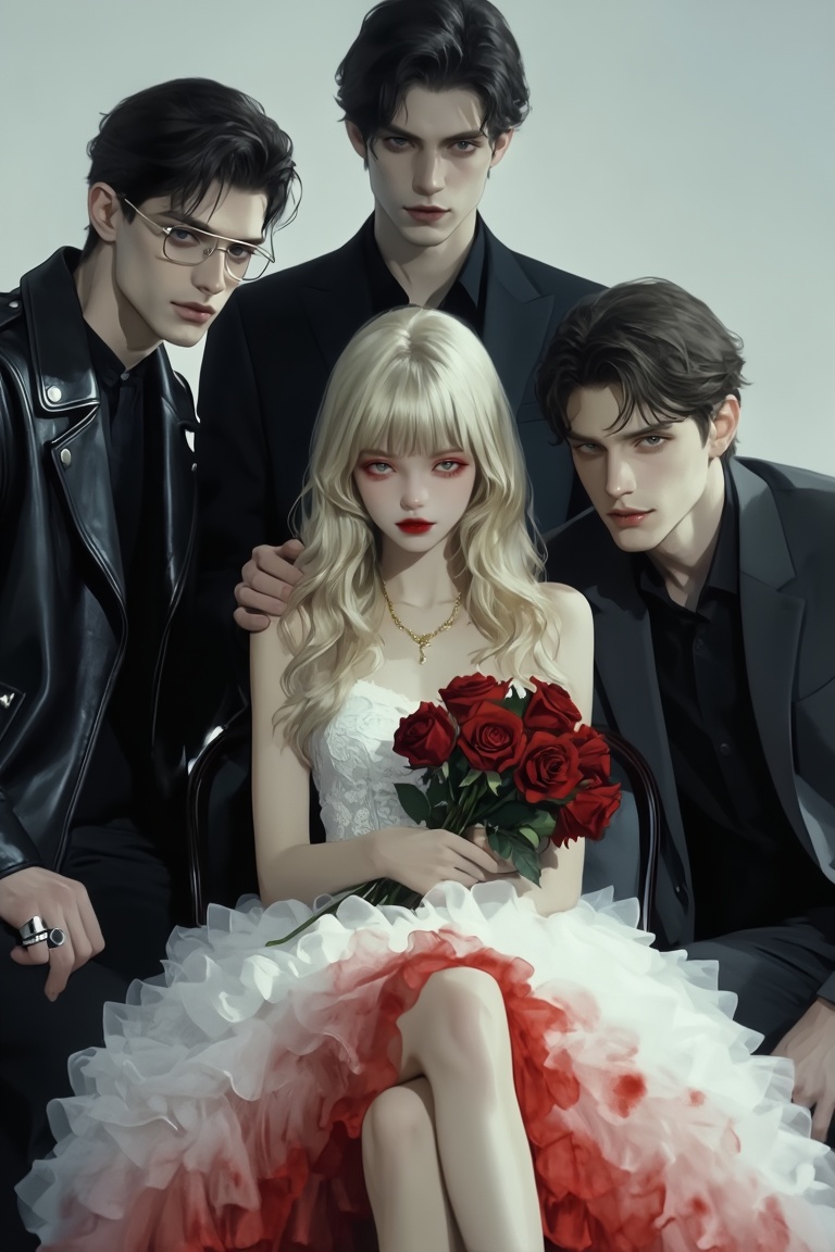 A young woman seated at center surrounded by three handsome Russian men. She has long wavy blonde hair with blunt bangs,...