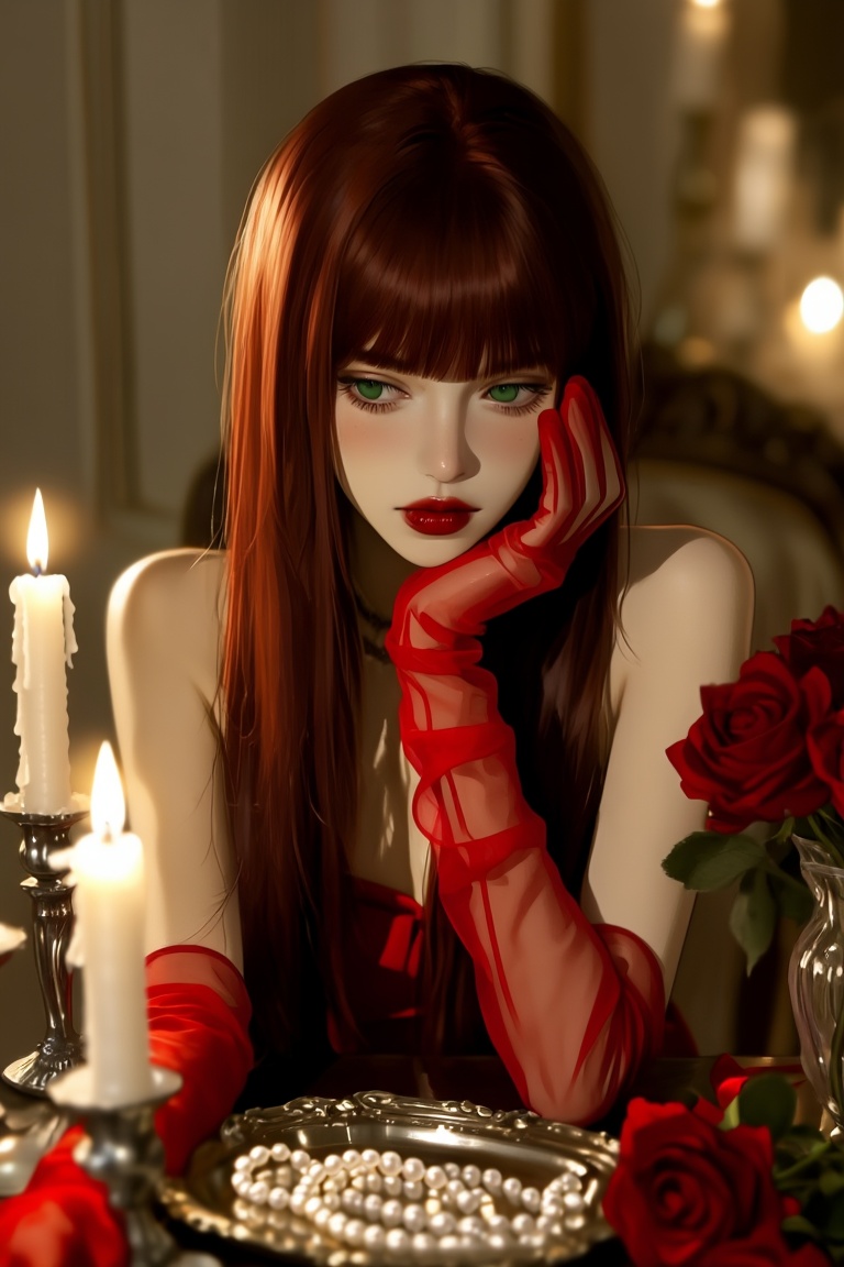 A young Irish woman with very long straight dark red hair and green eyes and blunt bangs,  wearing red lipstick. She is dr...