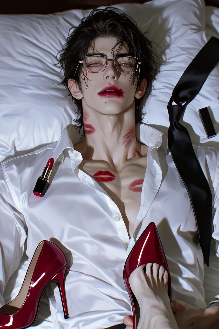 A suggestive,  top-down view of a handsome young man with messy black hair and wire-rimmed glasses lying on his back on wh...