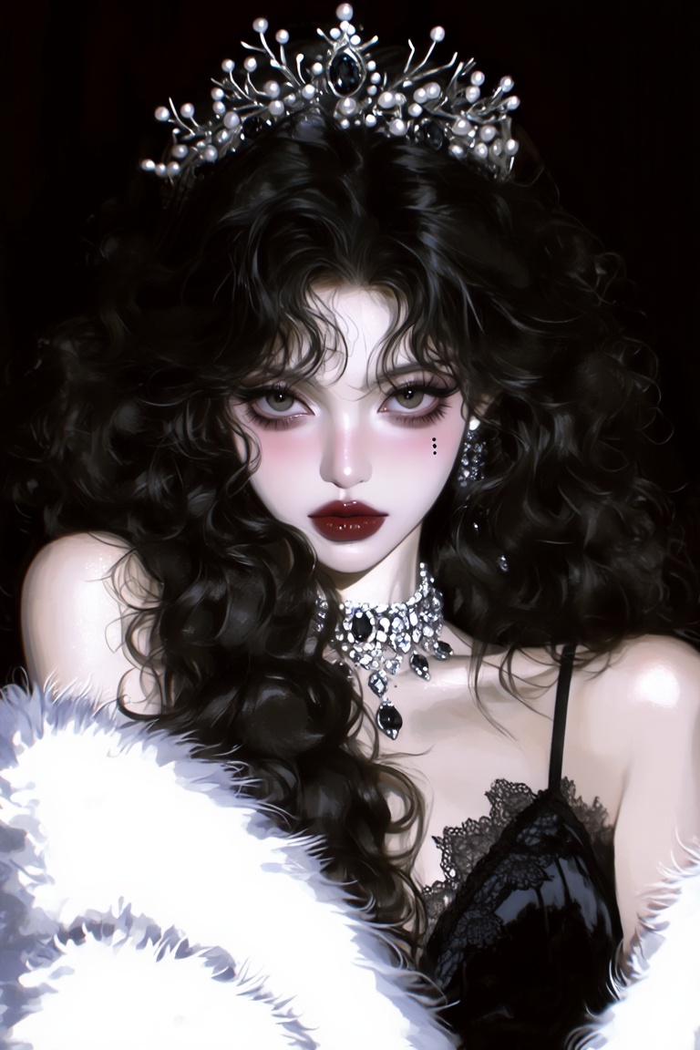 A striking close-up portrait of a young woman with a glamorous,  slightly gothic aesthetic set against a pitch-black backg...