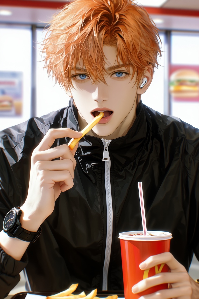 A young man with short messy orange hair and blue eyes,  looking directly at the viewer with his mouth open,  eating a fre...