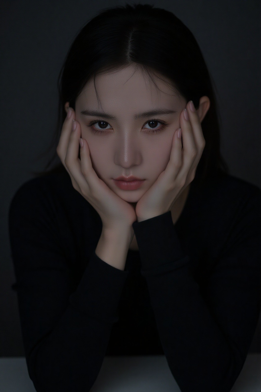 1girl in a black long-sleeved T-shirt rested her chin on her hands,  her deep-set eyes resembling sapphires. She had dark...