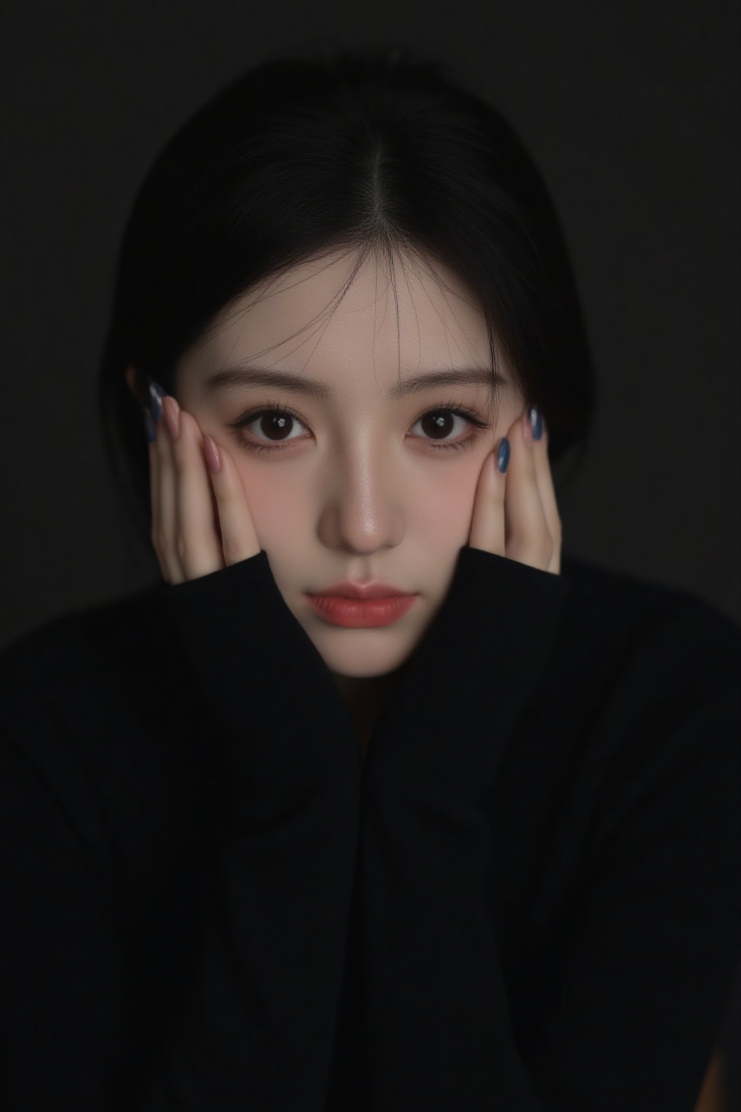 1girl in a black long-sleeved T-shirt rested her chin on her hands,  her deep-set eyes resembling sapphires. She had dark...
