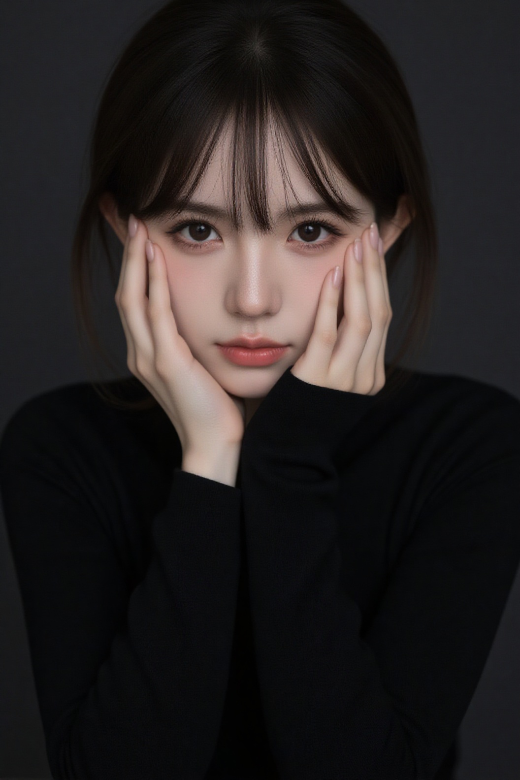 1girl in a black long-sleeved T-shirt rested her chin on her hands,  her deep-set eyes resembling sapphires. She had dark...