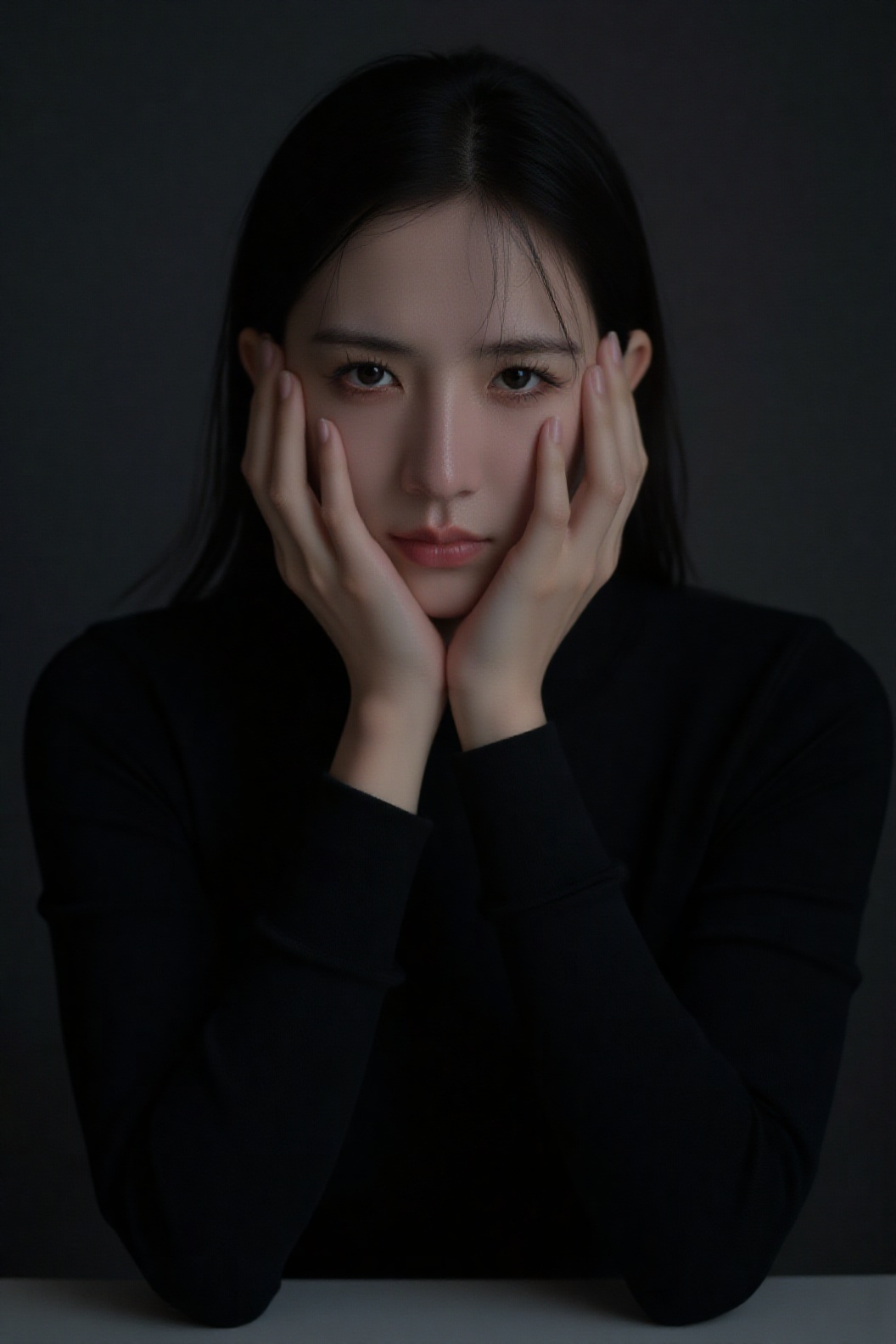 1girl in a black long-sleeved T-shirt rested her chin on her hands,  her deep-set eyes resembling sapphires. She had dark...