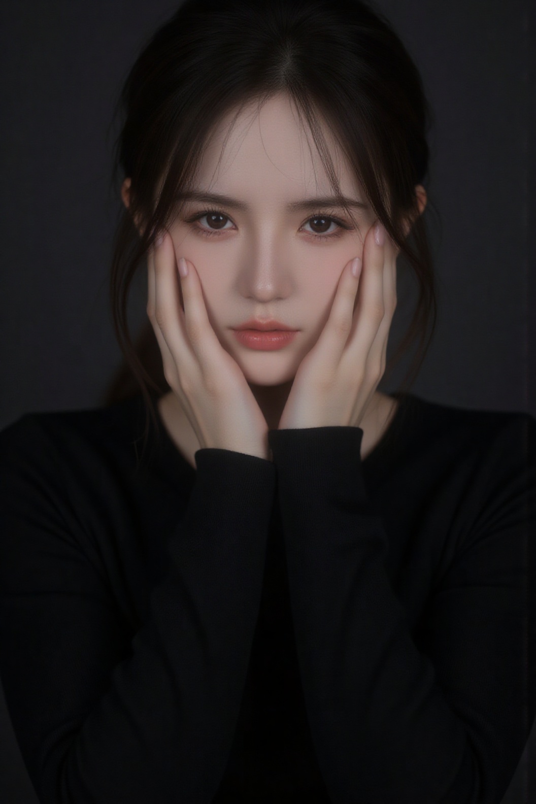 1girl in a black long-sleeved T-shirt rested her chin on her hands,  her deep-set eyes resembling sapphires. She had dark...