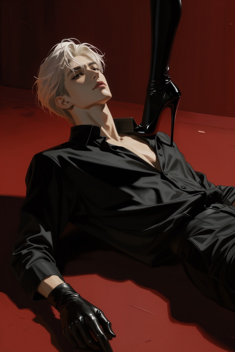 Korean thick impasto digital painting style,  2.5D game art texture,  Young East Asian male in his 20s. White blonde hair...