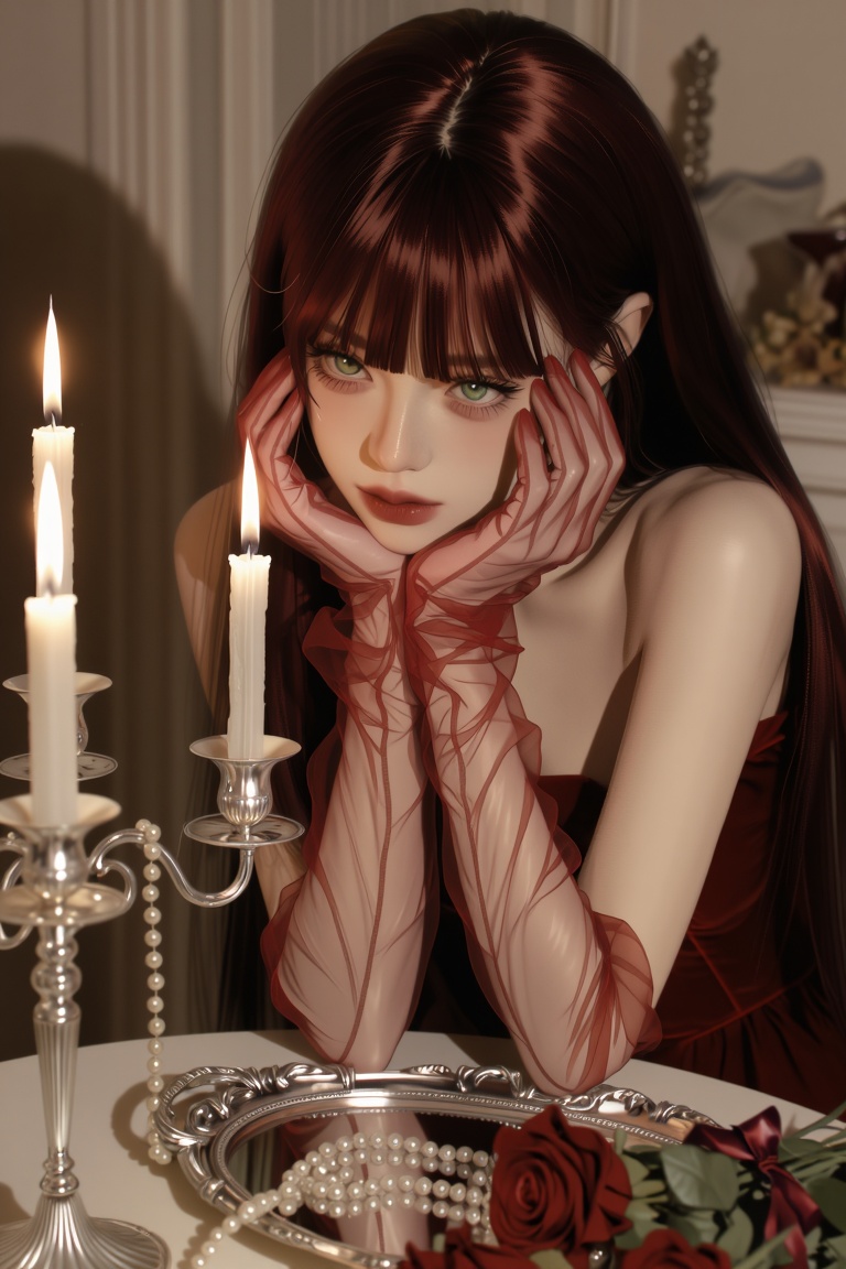 A young Irish woman with very long straight dark red hair and green eyes and blunt bangs,  wearing red lipstick. She is dr...